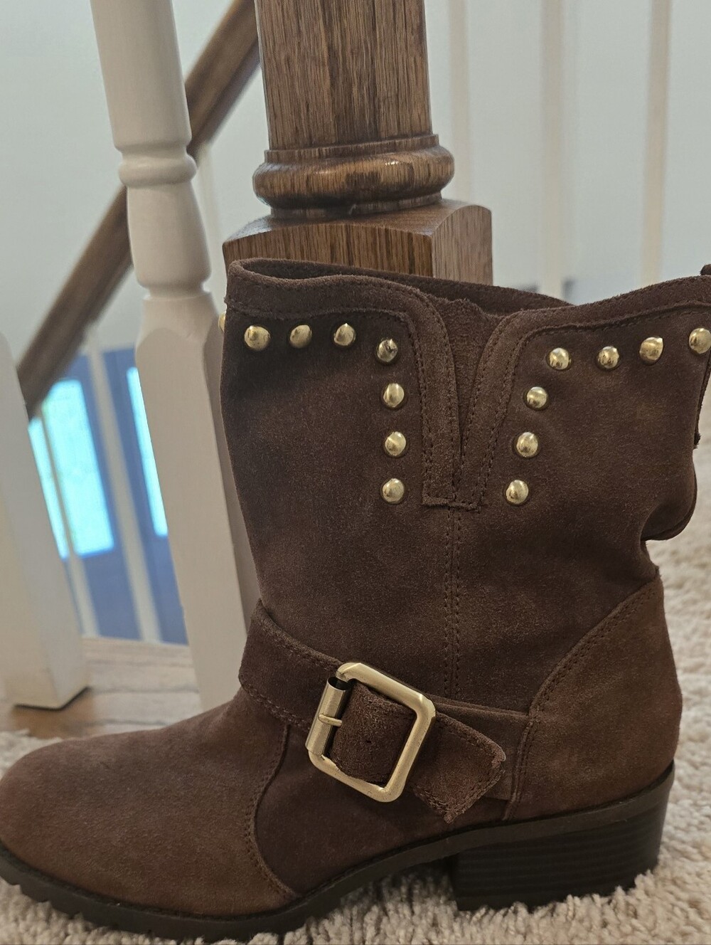 NEW I.N.C. International Concepts Cognac Brown Suede boots Studded Buckle. 7.5